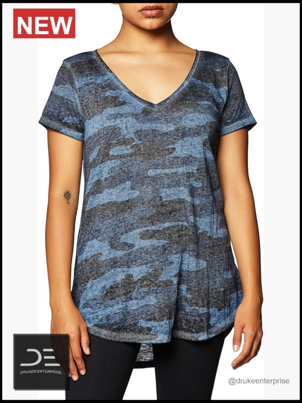 V-Neck Camo Burnout Tee Shirt with Tonal Stitch